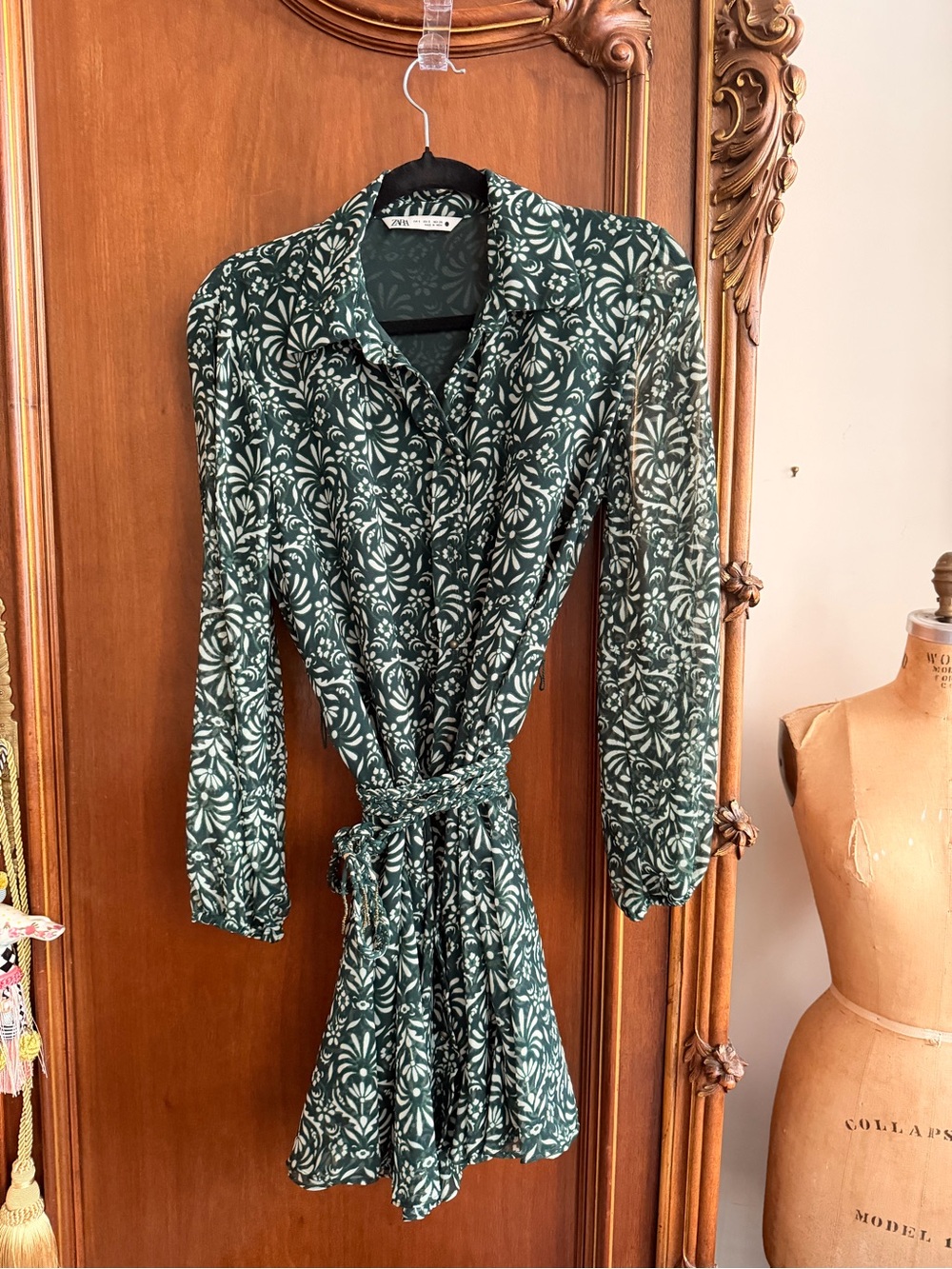 Zara Green and White Floral Mini Shirt Dress with Braided Beaded Belt
